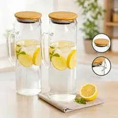 Kit 2 JarraS De Vidro Borossilicato Com Tampa De Bambu Para Servir Suco Água 1200ml