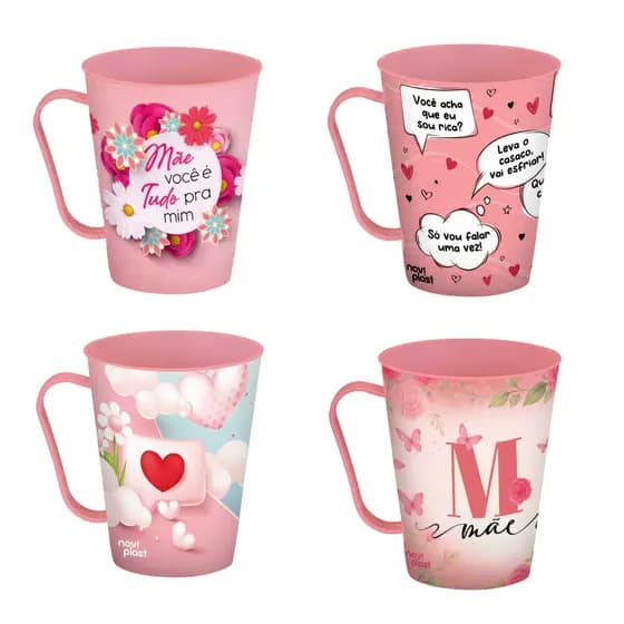Kit 12 Canecas Personalizadas Dia das Mães Estampada Sortidas Plástico Rosa Presente