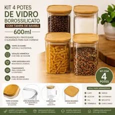 Kit 4 Potes De Vidro Porta Tempero Mantimentos Quadrado Borossilicato Tampa De Bambu 600ml