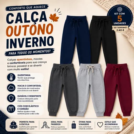 Kit 5 Calças Moletom Reforçado Flanelado Macio Infantil  Jogger Cordão Ajustável unissex Tamanhos