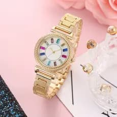 Novo e elegante relógio feminino com pulseira de aço, mostrador colorido com detalhes de diamantes, totalmente automátic