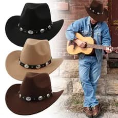 Chapéu De Cowboy Ocidental Vintage Feminino Masculino Com Aba Larga Cinto Punk Cowgirl Jazz Boné Casais