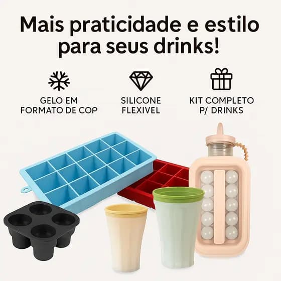 Kit Completo Formas Gelo Silicone Ice Shot Copo, Esferas Rosé, 15 Cubos e Smoothie Multiuso Sortido