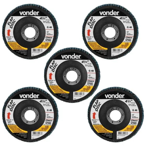 KIT 5 DISCO FLAP CONICO DESBASTE LIXA 4.1/2" 115MM G40 C/ FIBRA