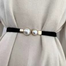 Nova Moda Imitação De Pérola Fivela Elástica Ajustável Retro Cinto Vestidos Escritório Chique