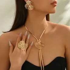 Conjunto De Anel De Brincos De Colar De Borla Em Forma De Y De Flor Dourada Para Mulheres
