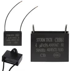 Capacitor 4uF 450V CBB61 Partida Ventilador 2 fios com Aba Polipropileno Quadrado 50/60Hz