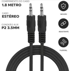 Cabo P2 x P2 1.8 metros Áudio Estéreo Auxiliar Macho 3.5mm Caixa de som Fone Ouvido Celular Notebook