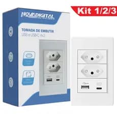 Kit 1/2/3 Tomadas Dupla 20A + USB Tipo A + Tipo C Bivolt Moldura de Vidro Branco 4x2