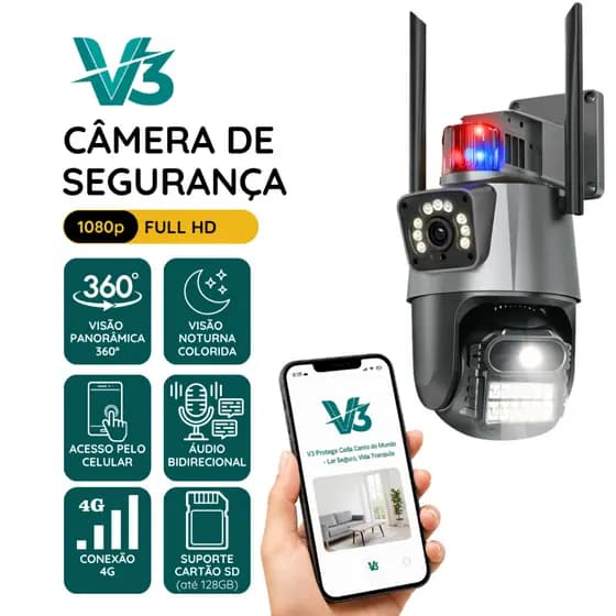 Câmera 4G com Alarme e Visão Noturna Lente Dupla Sirene Policial Rotação 360º Detecção de Movimento