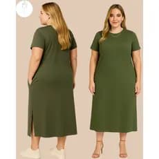 Vestido Midi Algodão Com Bolso Confortável Plus-Size
