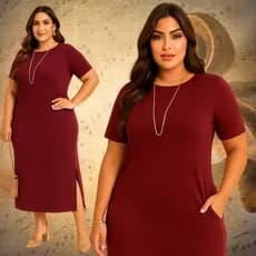 Vestido Feminino Plus-size Longo Casual Moderno Com Bolso Vestido Feminino Plus-size Longo Casual Moderno Boho