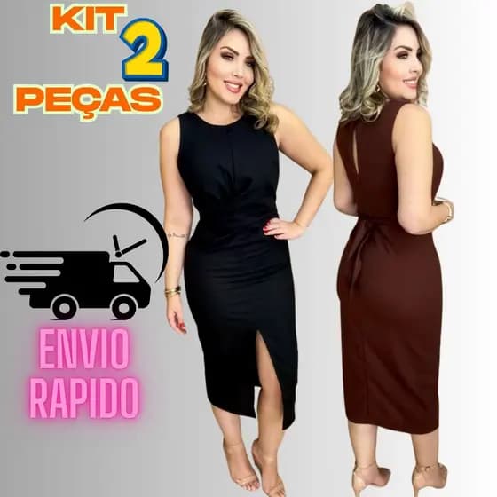Kit 2 Peças Vestido Feminino Preto e Marrom Curto Midi Drapeado Fenda Sem Manga Moda Blogueira