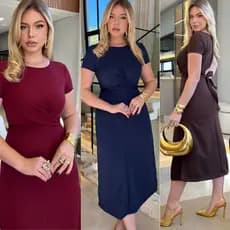 Vestido Midi  Feminino Manga Curta Elegante Tecido Alfaiataria