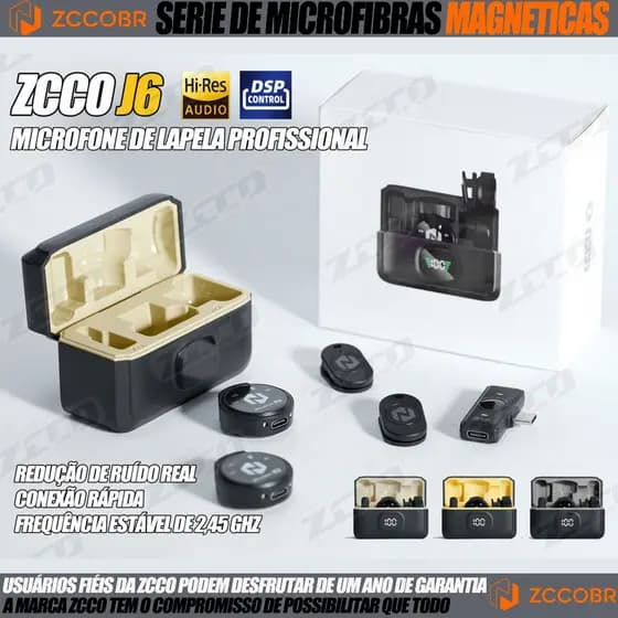 ZCCOBR J6 Microfone Sem Fio Lapela Magnético Duplo Redução Ruído Vompativel Android/iOS/iPhone