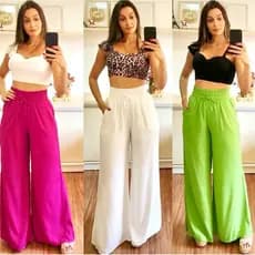Calça Pantalona Feminina Com Bolso Cintura Alta