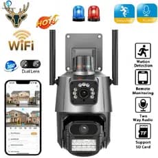 Câmera de lente dupla externa PTZ WiFi CCTV 1080P à prova de intempéries, visualização de celular alarme