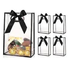 Conjunto de saco de presente portátil transparente indispensável para festa, 5 peças, preto com fita, natal, aniversário