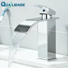 Torneira de Lavatório Inox Tipo Cascata Curva Baixa Prata para Banheiro