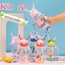 Kit  Garrafas Infantil Bebe com Tampa e Canudo e Alça 600ML Chifre atacado