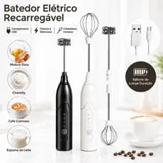Mixer Elétrico Portátil 2 em 1 | Espumador de Leite, Batedor de Ovos e Misturador para Café, Leite, Chocolate e Bebidas