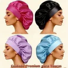 Touca/Gorro de Dormir de Cetim com Aba Faixa Larga Gigante Cabelo Anti Frizz Toca Head