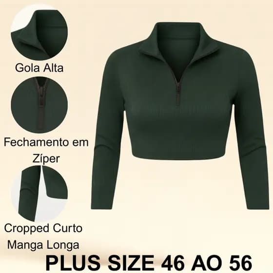 Cropped Basico Plus Size Manga Longa Ribana