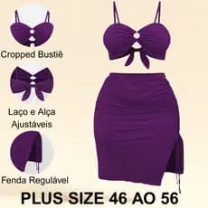 Conjunto Plus Size Feminino Cropped com Bojo laço Saia Midi Fenda Lateral Look Elegante Verão Várias Cores