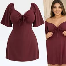 Vestido Plus Size Curto Soltinho Acinturado Vestido Ciganinha Ombro a Ombro Ajustável Aumenta e Levanta Seios 46 ao 56