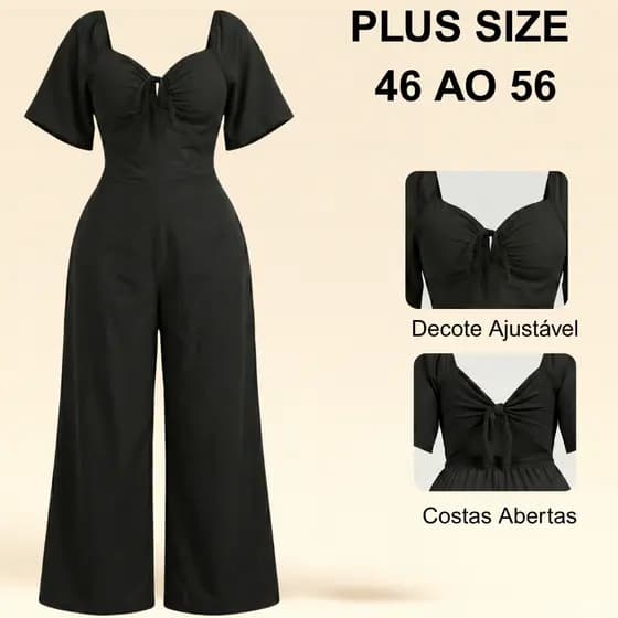 Macacão Plus Size Longo Soltinho Estica Modela Acinturado Busto Ajustável Aumenta e Levanta Seio Empina Bumbum 46 ao 56