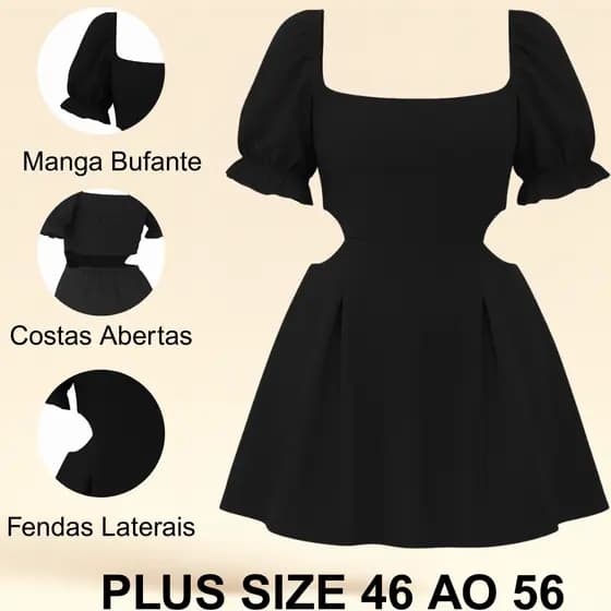 Vestido Plus Size Feminino Ciganinha Franzido Manga Princesa Alfaiataria Curto Rodado Romântico Costas Aberta 46 ao 56