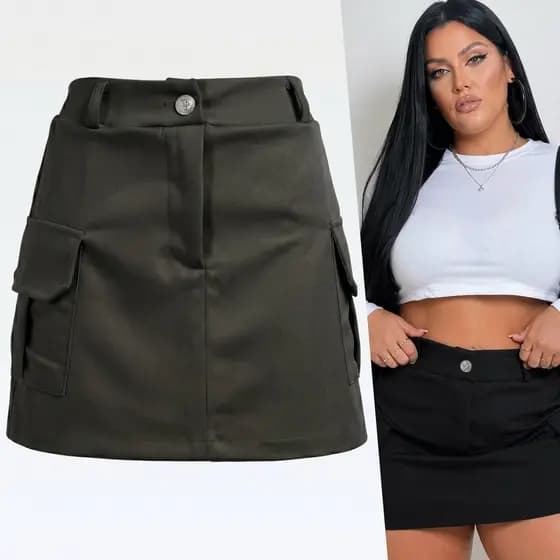 Saia Curta Feminina Saia Cargo Bolso Lateral Estilosa Cintura Alta Cós Alto Blogueira Saia Patricinha Balada Festa Noite