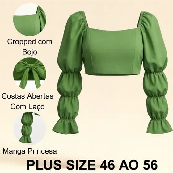 Blusa Cropped  Plus Size feminino Princesa Amarração Costas Manga Longa Cores Vibrantes Verão
