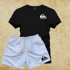 Kit Conjunto Camiseta 100% Algodão Q Silver + Bermuda Moda Praia Tactel Branco