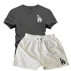 Kit Conjunto Camiseta 100% Algodão Premium L.A Varias Cores + Short Linho Branco - P ao GG