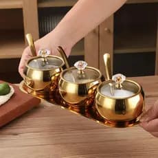 Kit3 Potes Açúcar Condimentos Com Bandeija Aço Inox 304 Esférico Cozinha Luxuoso Moderno Organizador