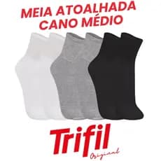Kit com 12 ou 6 Pares de Meias Cano Médio Trifil Atoalhada Algodão Preta, Branca e Cinza