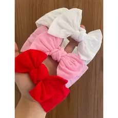 kit 3 Laços Turbante Bebê menina luxo, meia de seda , tiara - Branco , Rosa e Vermelho