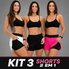 Kit 3 Shorts Duplo Feminino 2 Em 1 Fitness Academia Corrida Compressão Bolso Celular