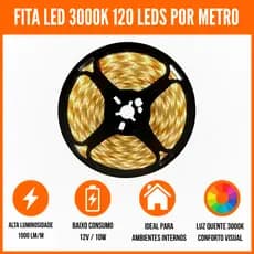 Fita LED 5m 3000K ou 4000K 120 LEDs/m 12V 10W/m Alta Luminosidade IP20 Luz Decorativa Interna