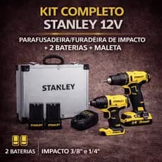 Kit Furadeira Parafusadeira Impacto Stanley 12V 2 Baterias Maleta Alumínio Profissional Compacta