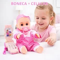 Boneca Interativa com Bico + Telefone com Luz e Som | Fala 4 Frases e Mexe os Olhos Para Meninas