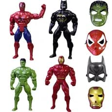 Kit 4 Boneco 30cm Brinquedo Herói + 4 Mascara Confortável Personagem De Ação Articulável Menino