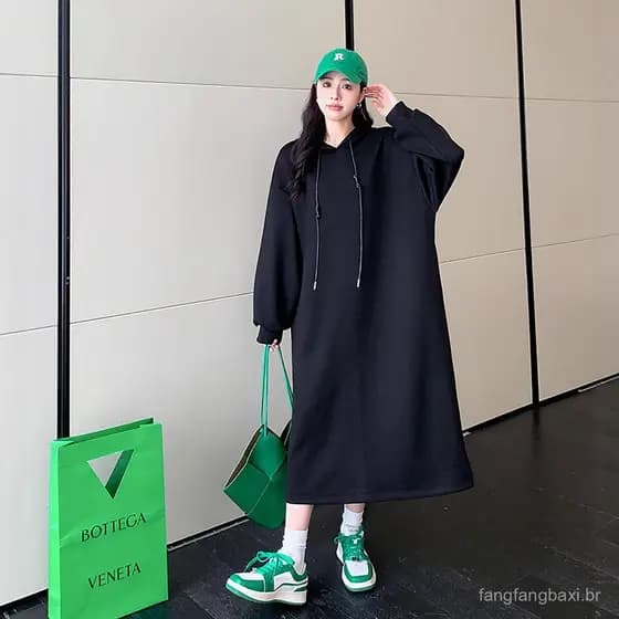 Moletom feminino Plus Size de lã com capuz, comprimento médio, outono inverno, moletom feminino acima do joelho, estilo