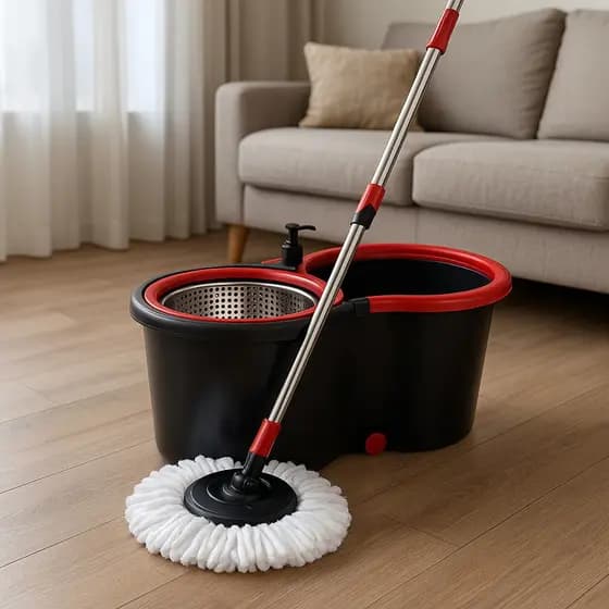 Mop Balde Esfregão Giratório com Rodas Casa Apartamentos Limpeza Piso Chão Faxina Cinza e Vermelho