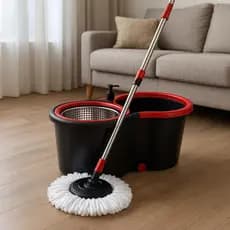 Mop Balde Esfregão Giratório com Rodas Casa Apartamentos Limpeza Piso Chão Faxina Cinza e Vermelho