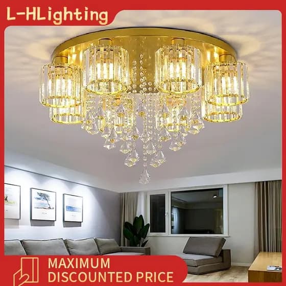 Luminária de teto dourada redonda para quarto lustre de cristal para sala de estar luminária de teto para sala de jantar