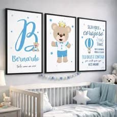 Kit 3 Quadros Decorativos Infantil Mosaico Tema Ursinho Príncipe Nome e Letra Personalizado Quarto