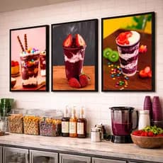 Quadros Decorativos 3 Peças Açaí Sorvete Sorveteria Delicia Decoração Açaiteria e Sorveteria Alta Qualidade Moderno