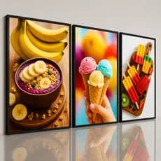 Kit Quadros 3 Peças Sorveteria e Açaiteria Sorvete e Açaí Parede Cozinha Moderna Gourmet